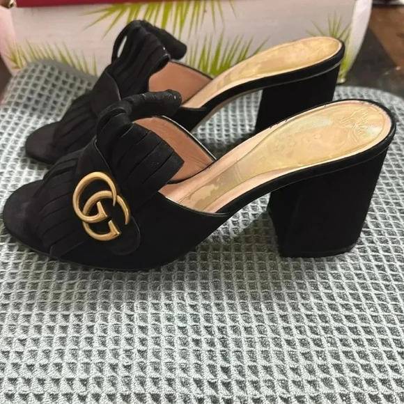 Gucci Black Suede GG Marmont Fringed Mules - Picture 4 of 6
